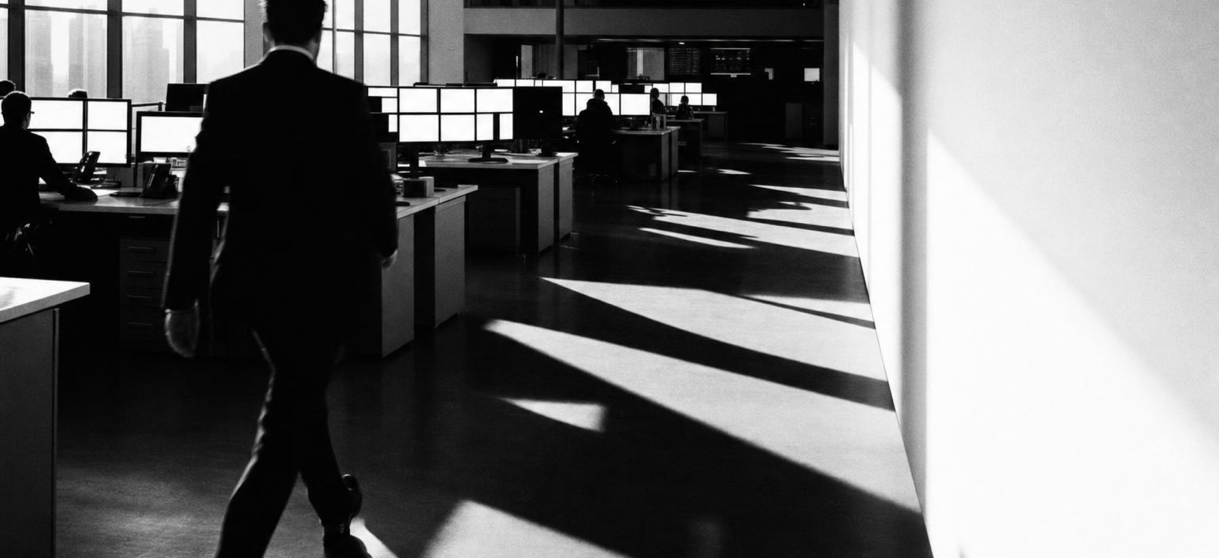 Someone crossing an operations floor between banks of monitors, low sun throwing long shadows
