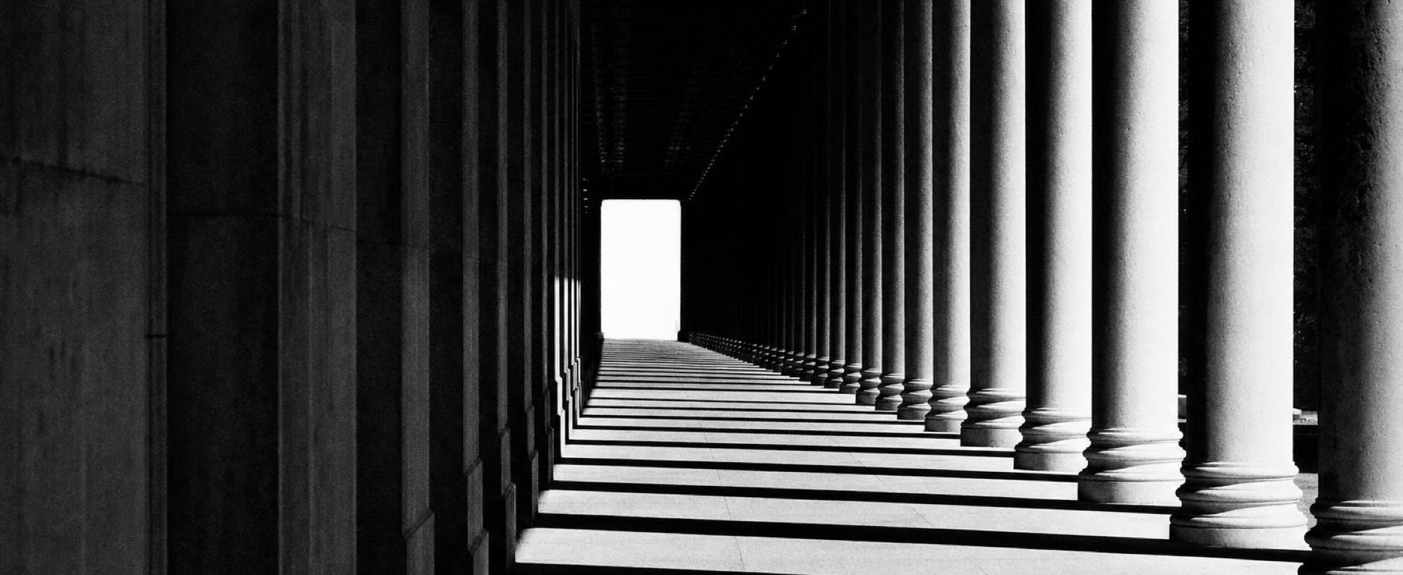 A long colonnade of columns receding into shadow