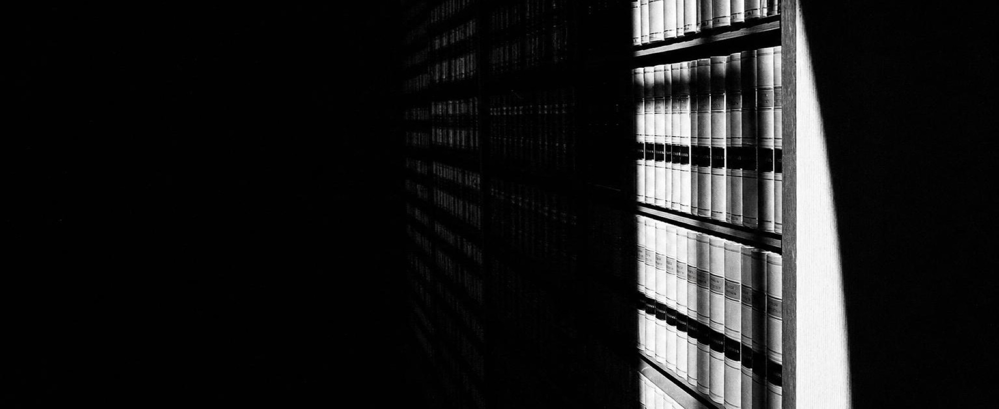 Shelved volumes in a dim reading room, lit from one side