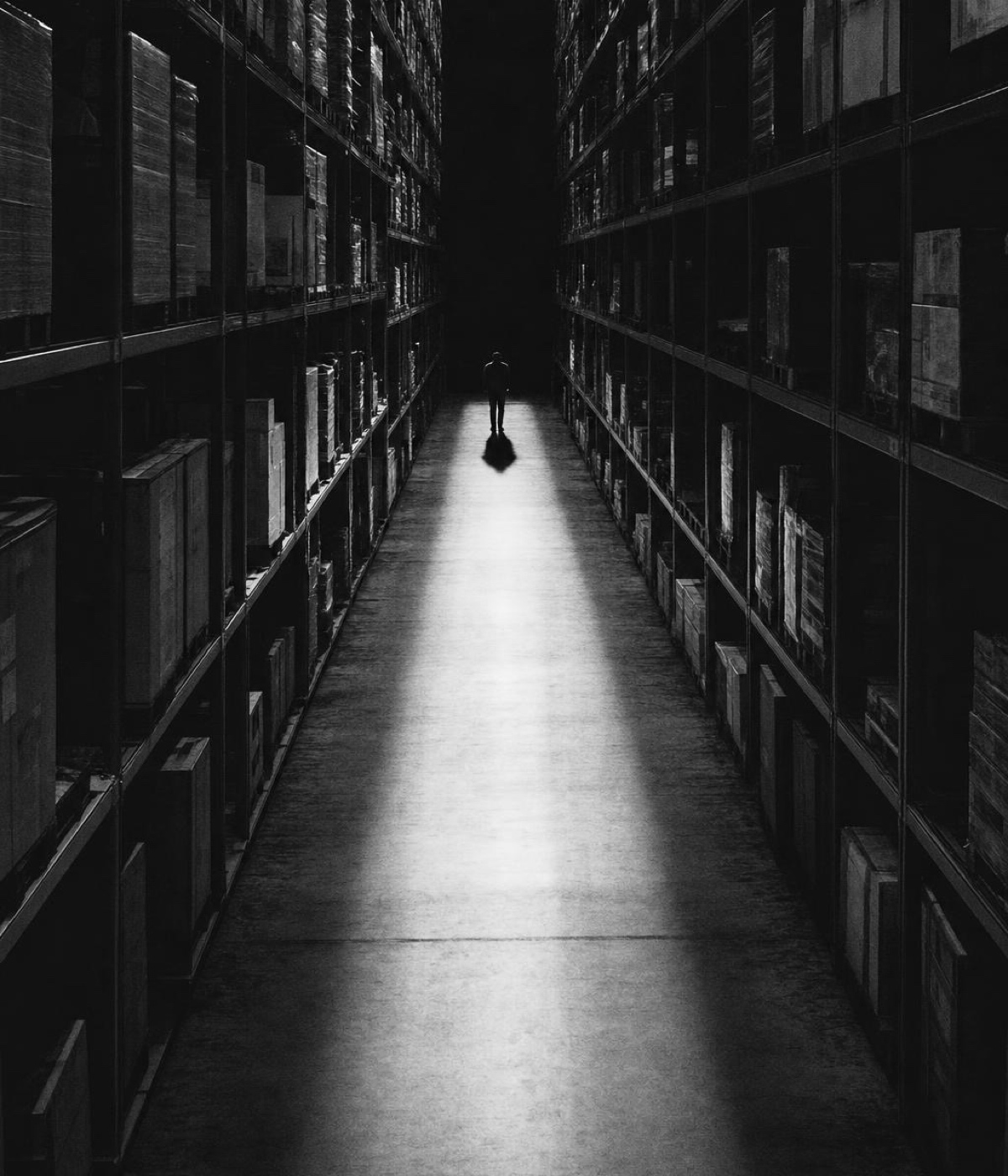 A records aisle of boxed files running away into the dark